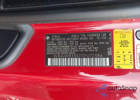 2007 BMW 328I z USA, uszkodzony, nr VIN WBAWB33577PV72386